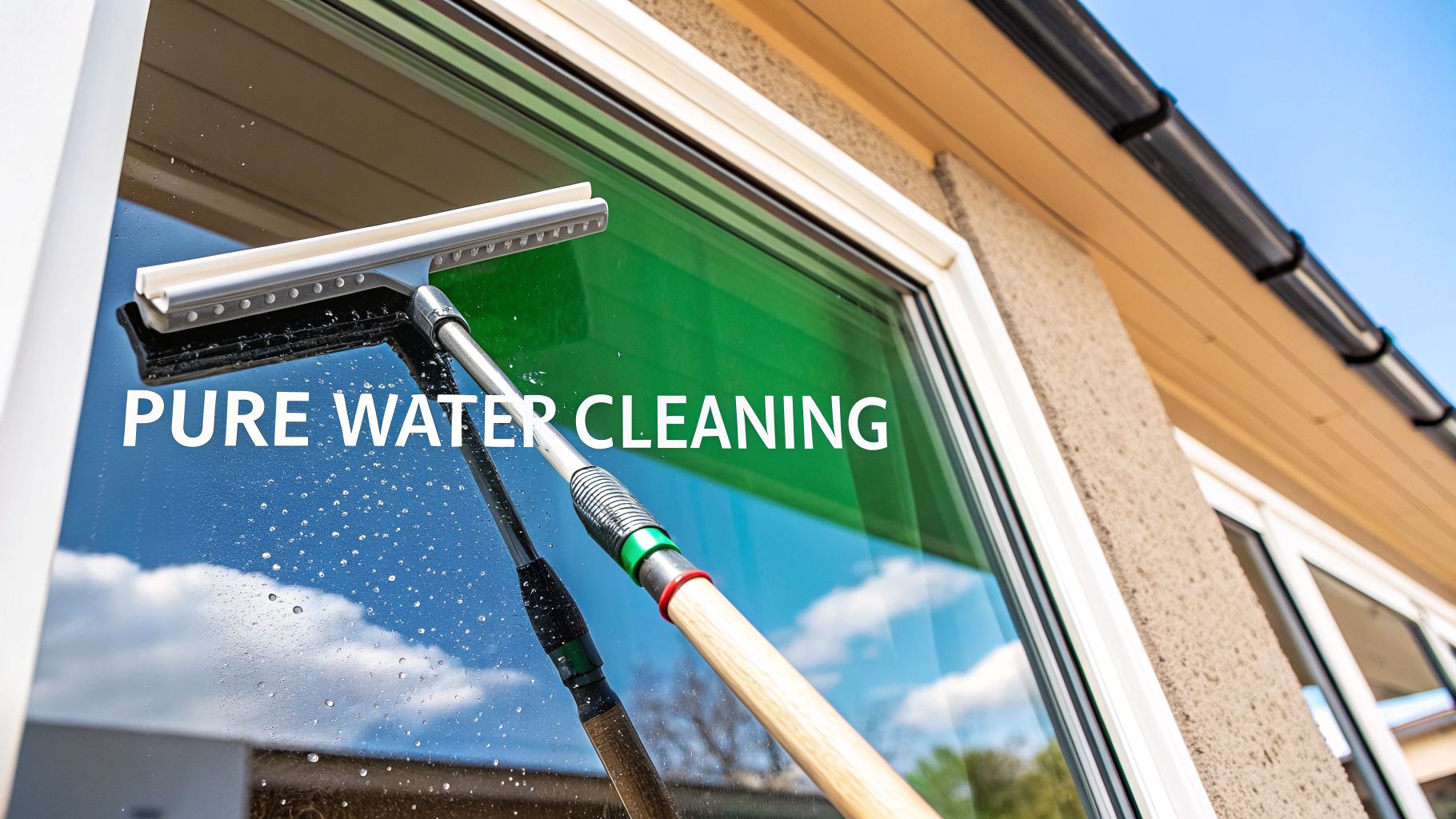 A professional window cleaner uses a long squeegee to clean a residential window with water droplets.