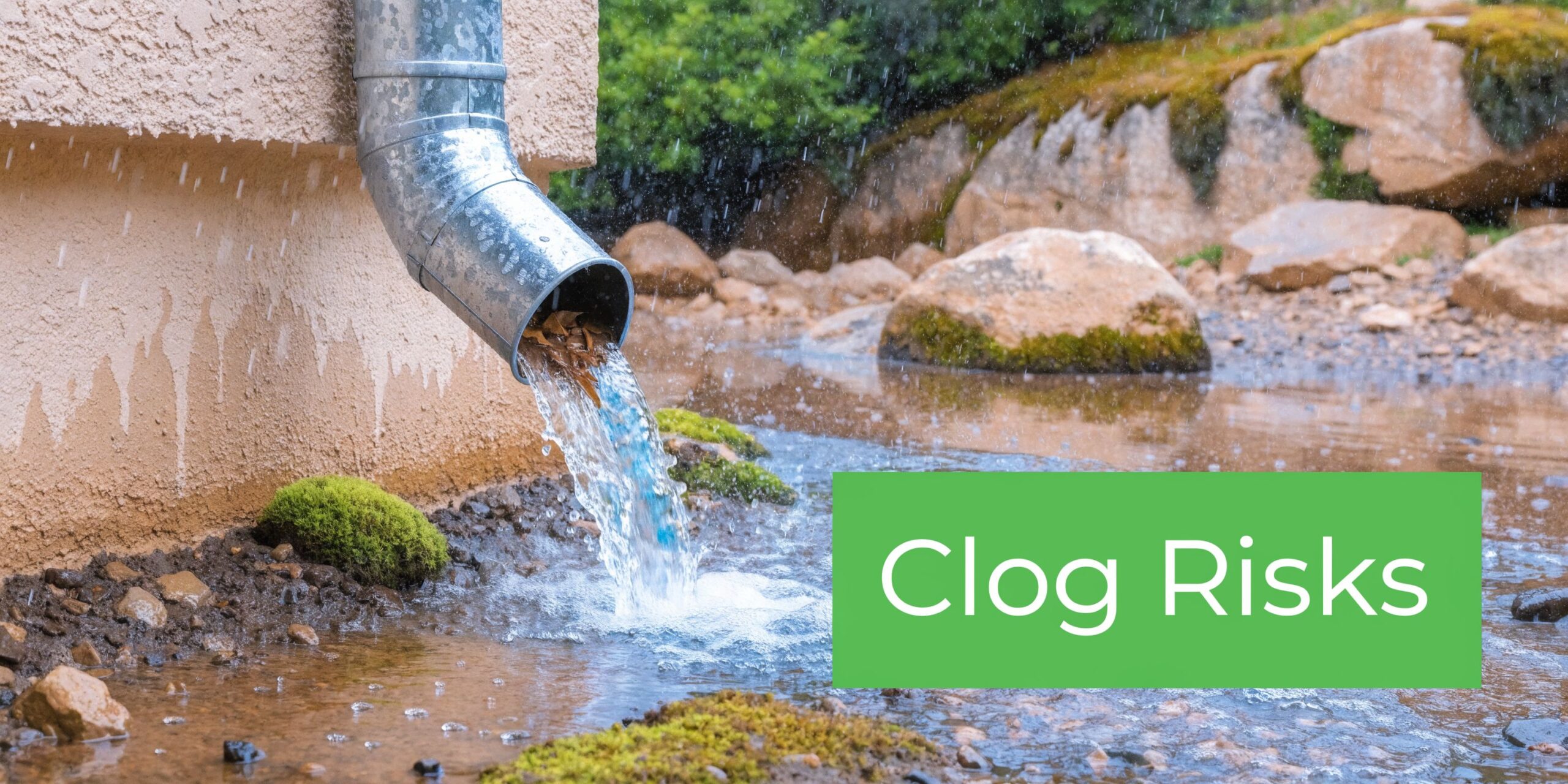 Rainwater flowing from a metal downspout clogged with leaves onto a wet, mossy outdoor ground surface.