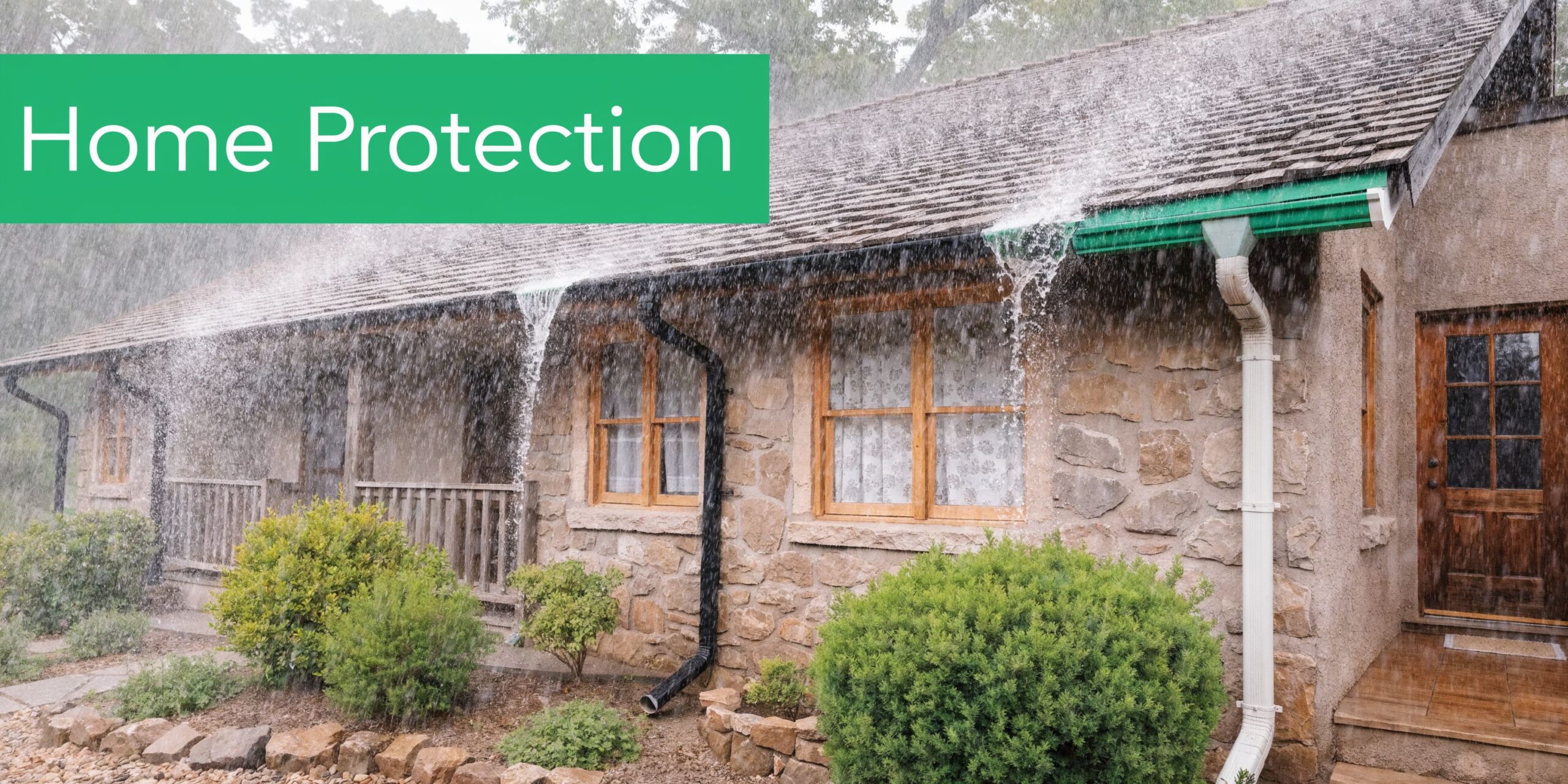 A stone house during a heavy rainstorm with overflowing gutters and poor water drainage issues.