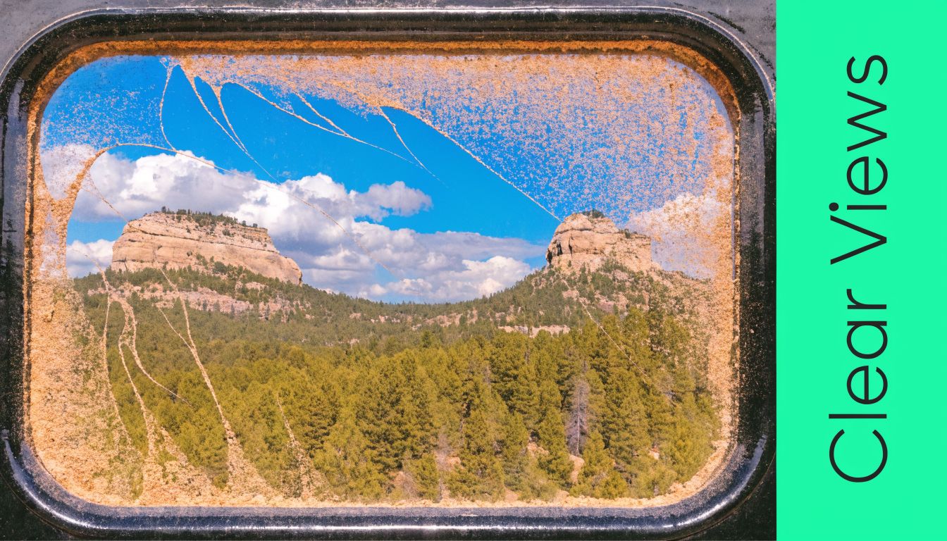 A scenic view of a mountain landscape through a damaged, dusty, and scratched residential window pane.