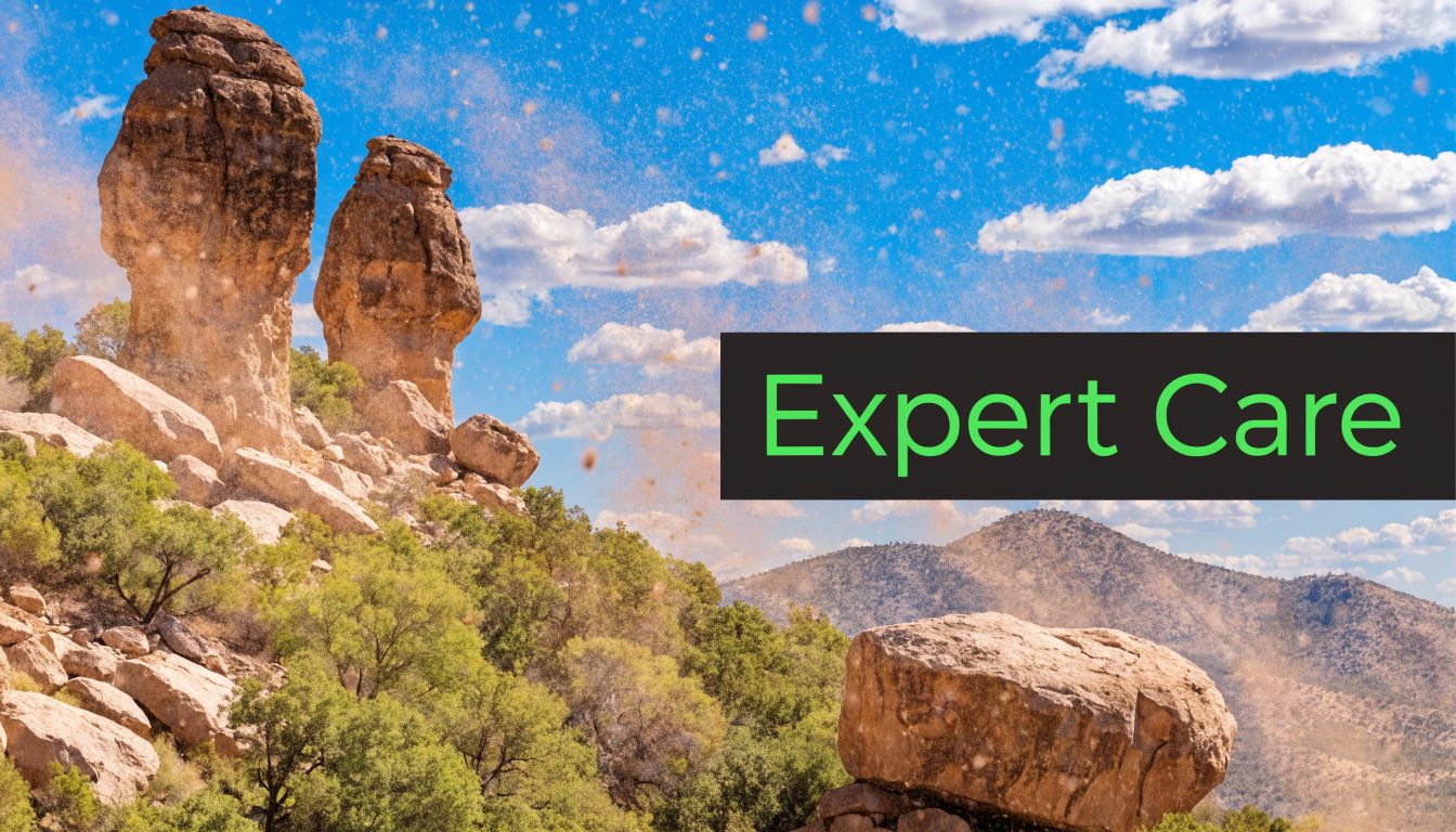 A scenic landscape with towering rock formations and green vegetation under a bright blue cloudy sky.