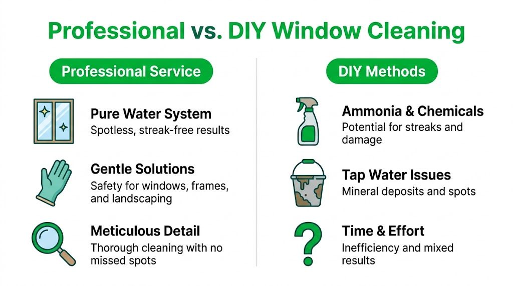 A comparison chart showing the benefits of professional window cleaning versus DIY cleaning methods for homeowners.