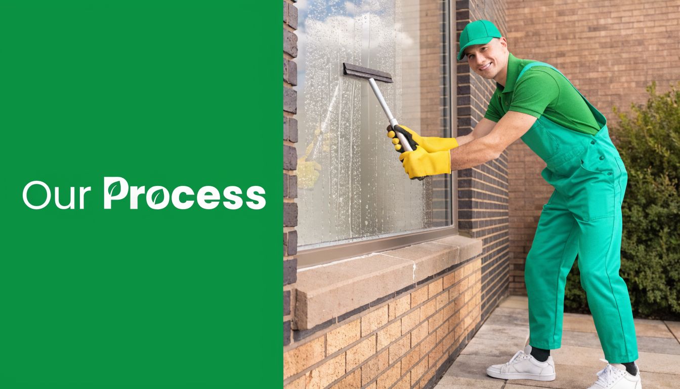 A professional cleaner in a green uniform using a squeegee to clean a residential house window.