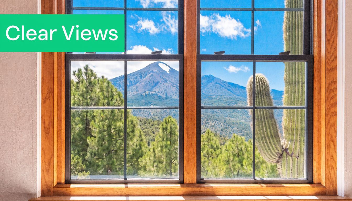 A wooden window frame looking out onto a mountain view with pine trees and a tall cactus.