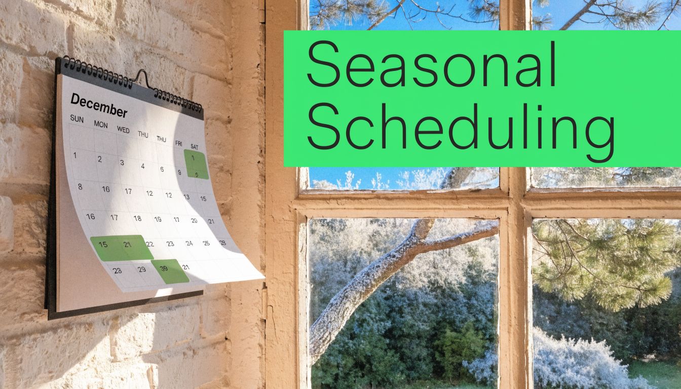 A December calendar hanging on a brick wall next to a window overlooking a snowy landscape.