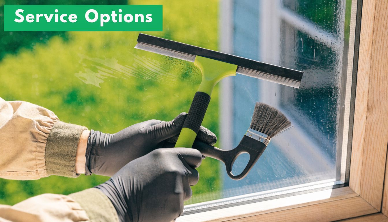A gloved person cleaning a residential window using a specialized green squeegee with an attached brush tool.