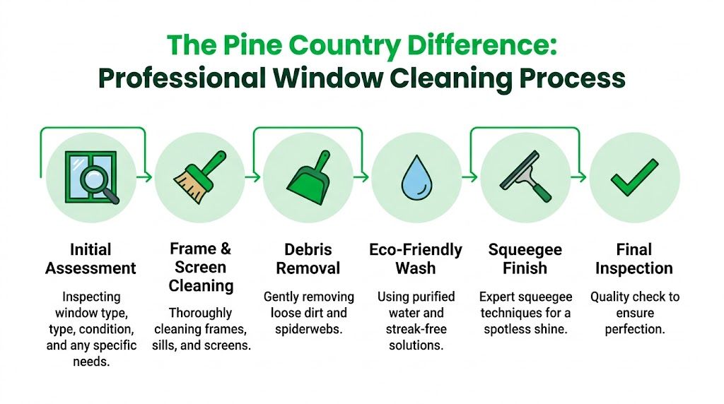 A process flow chart illustrating the six-step professional residential window cleaning services provided by Pine Country.