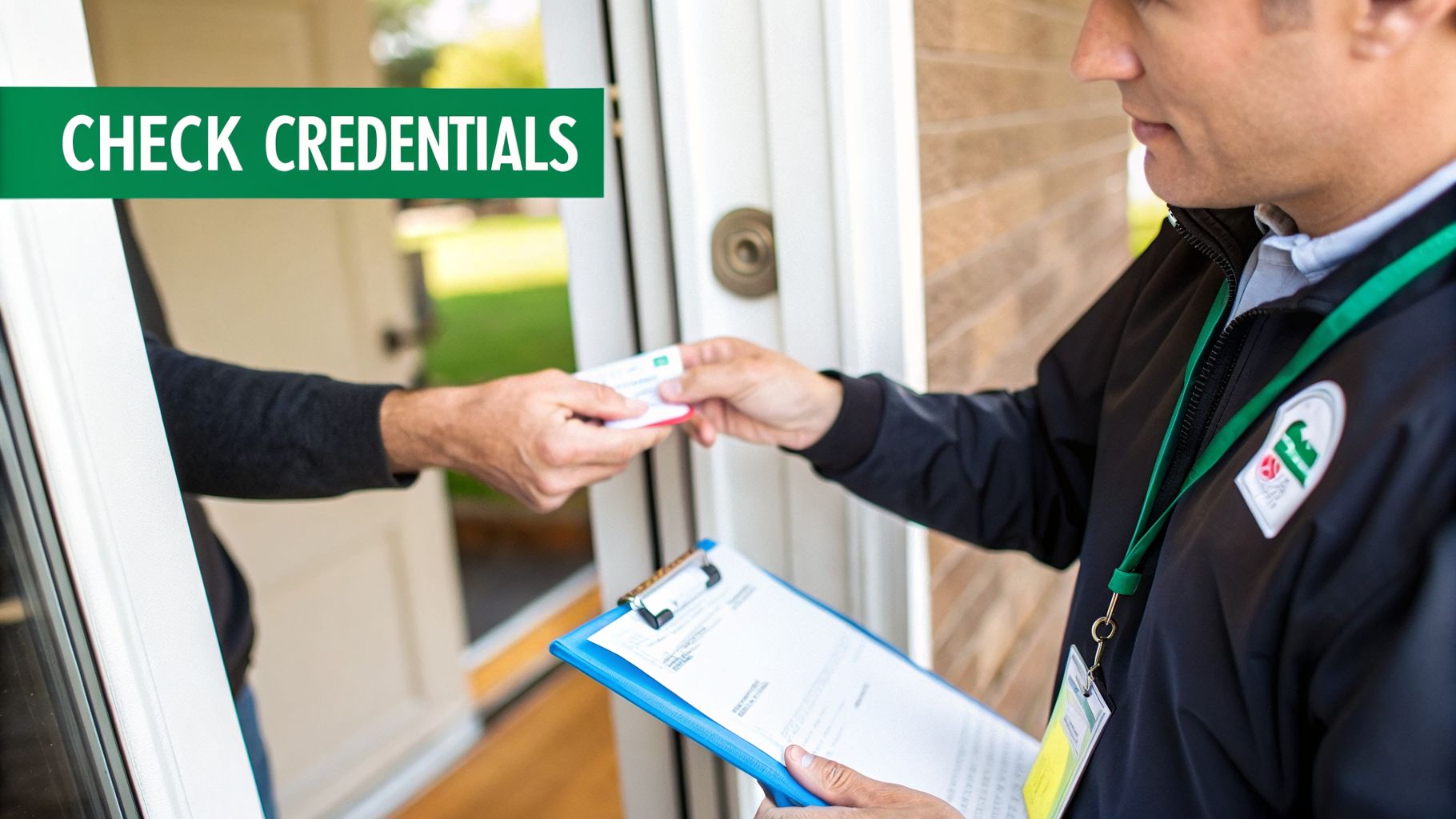 A service person presents an identification card to a homeowner at the front door, highlighting security.
