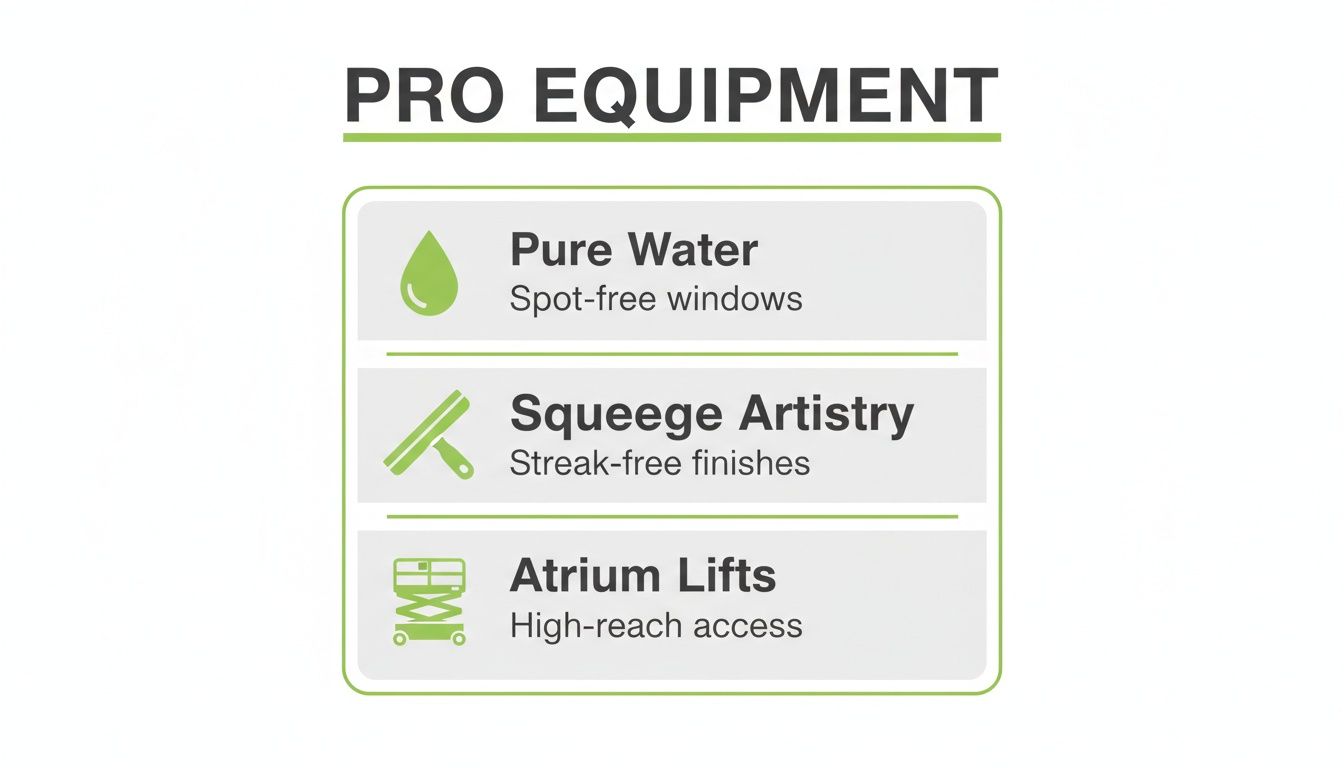 Professional window cleaning equipment featuring pure water, squeegee artistry, and atrium lifts for quality results.