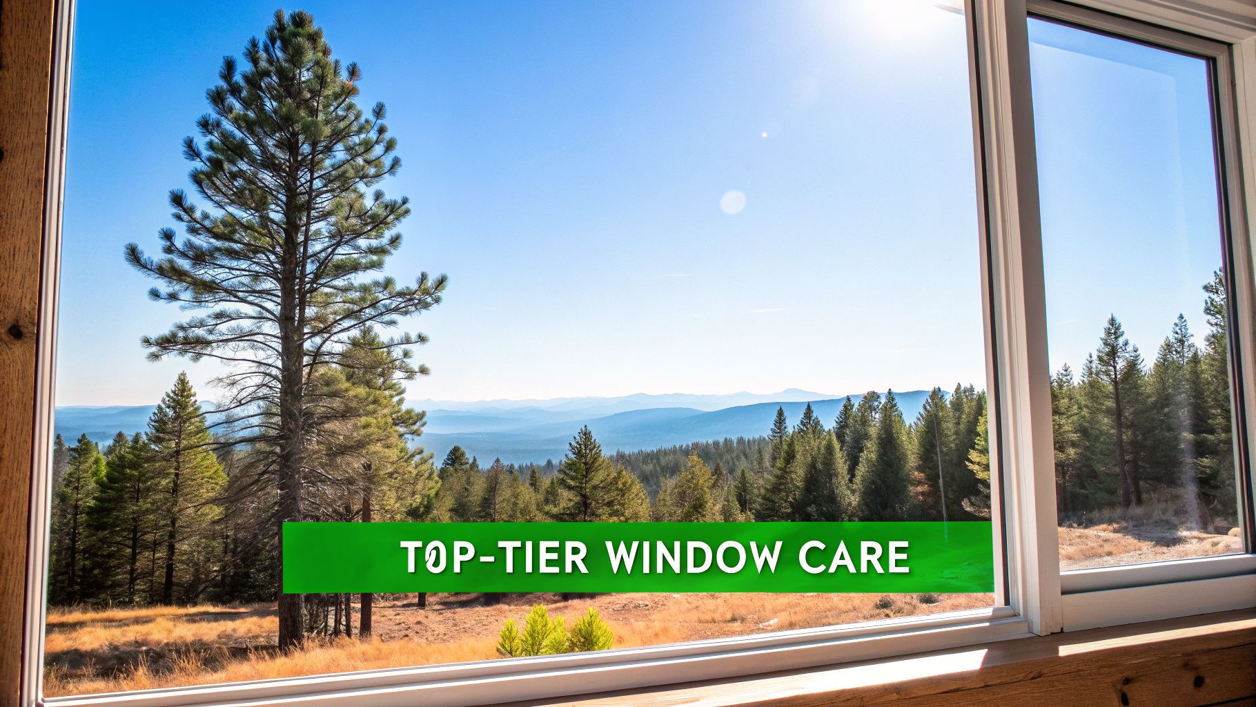 View from a window overlooking a mountainous forest landscape with a large pine tree and a banner saying 'TOP-TIER WINDOW CARE'.