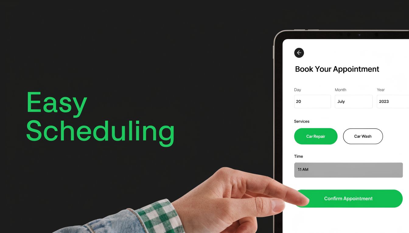 A hand reaching to tap the confirm appointment button on a tablet screen for scheduling services.