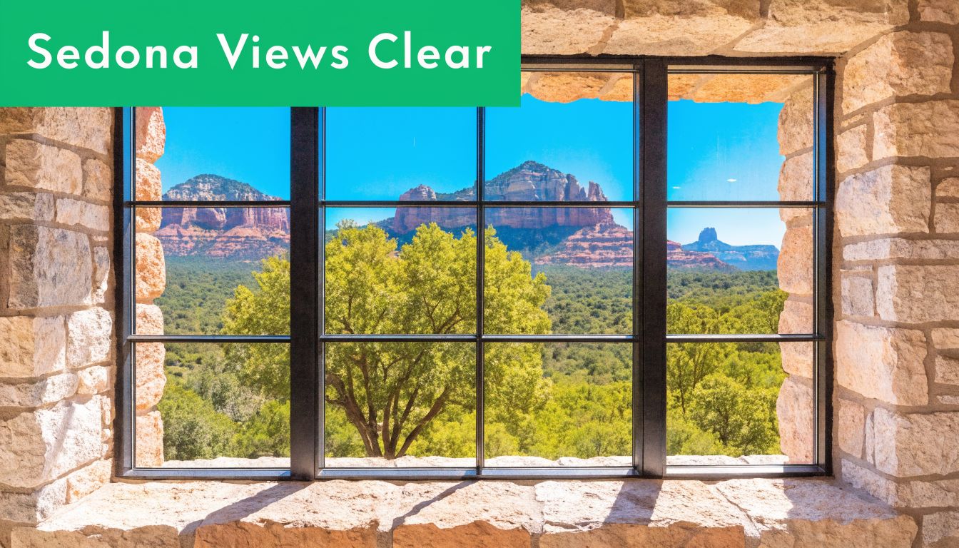 A scenic view of the red rock mountains in Sedona, Arizona, seen through a clean window.