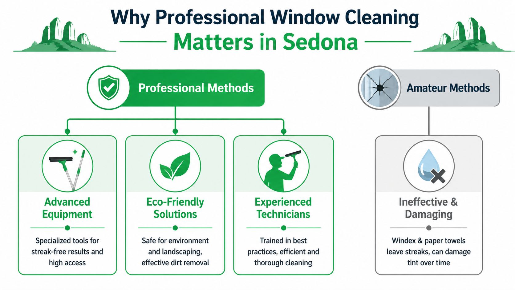 A comparison chart highlighting the benefits of professional window cleaning versus ineffective amateur methods in Sedona.