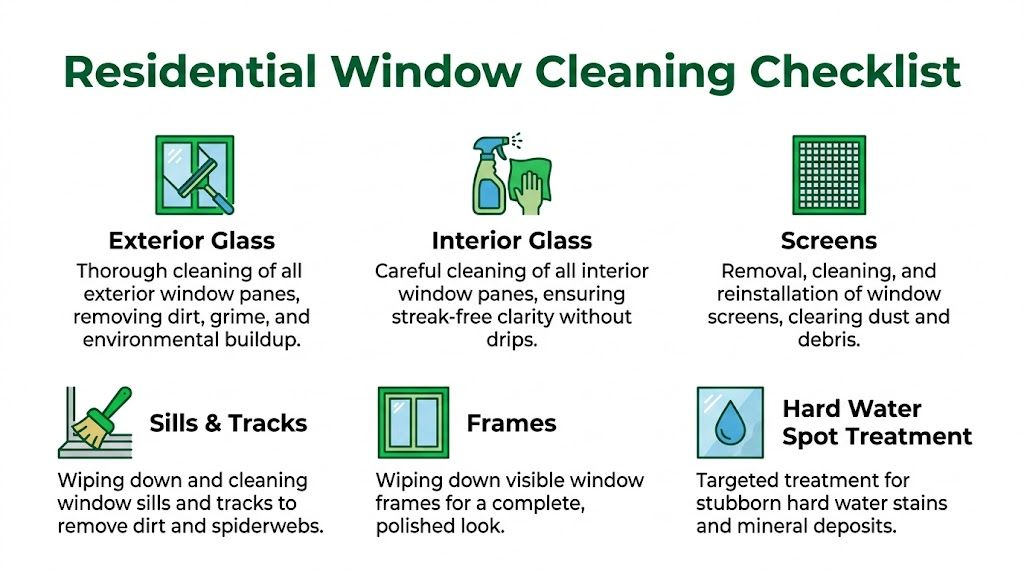 A comprehensive checklist for professional residential window cleaning services including glass, screens, sills, and frames.