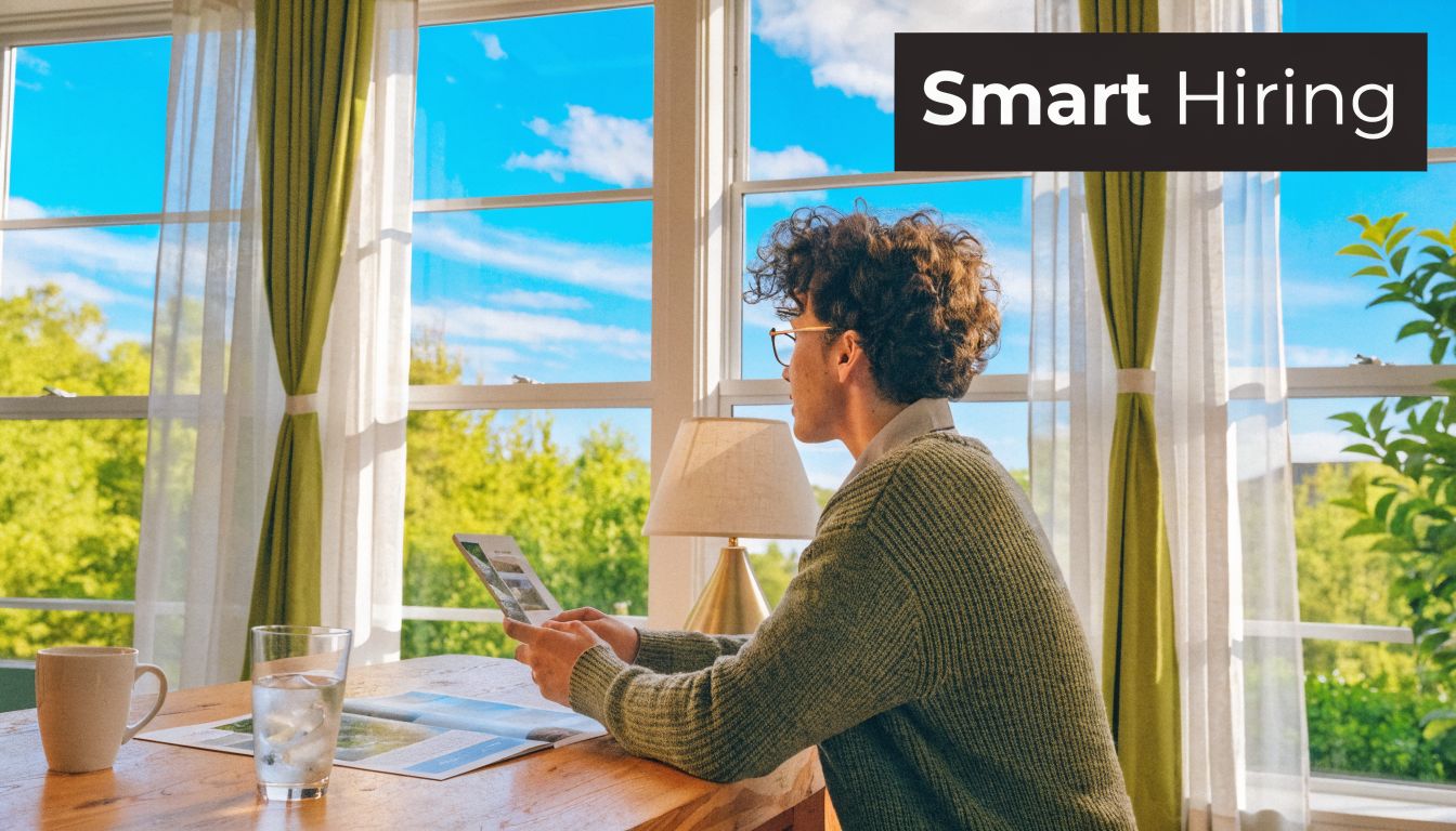 A young person sitting at a wooden table near a window reading a magazine at home.