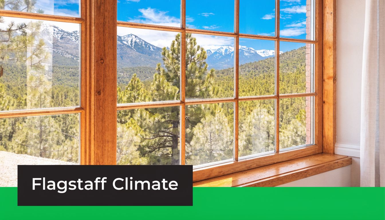 A scenic view of a snowy mountain range seen through a large wooden paneled window.