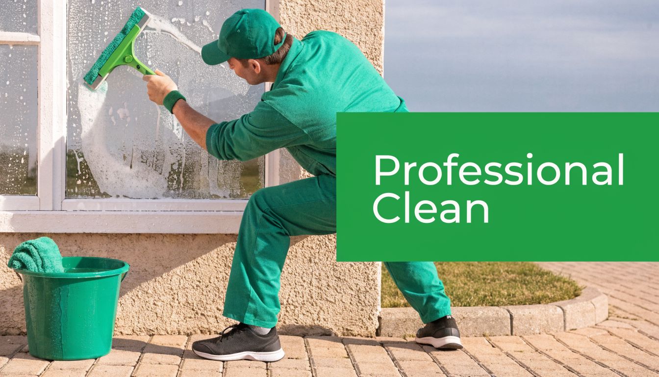 A professional window cleaner wearing a green uniform uses a squeegee to clean a residential house window.