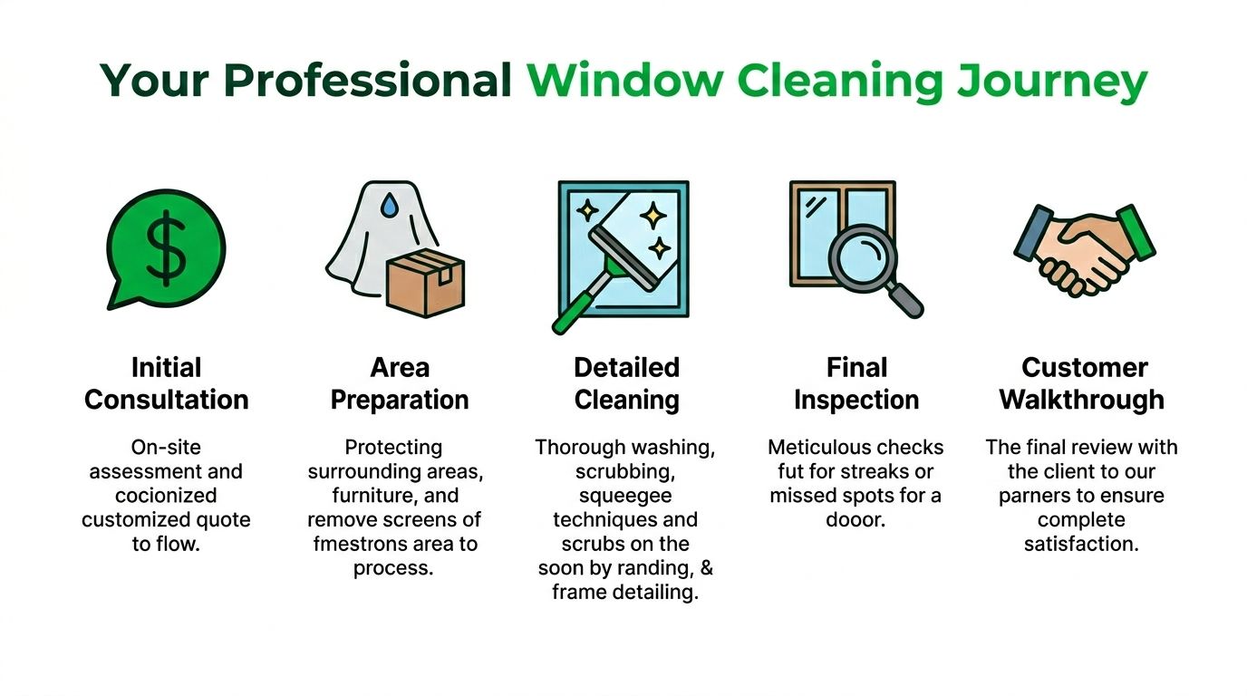 A five-step professional window cleaning services journey infographic showing the consultation, preparation, cleaning, inspection, and customer walkthrough stages.
