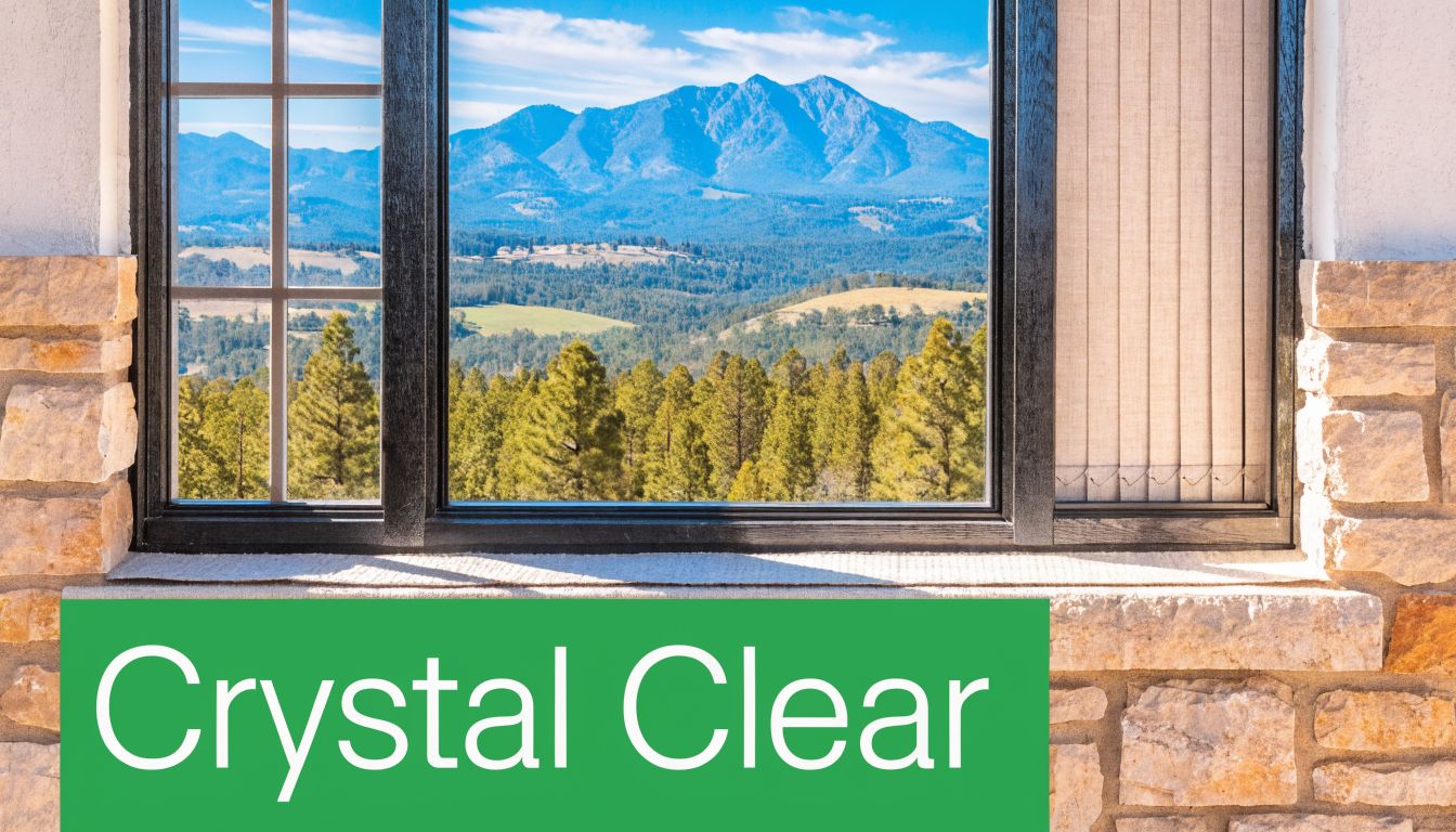 A view of a mountain landscape through a clean residential window framed by natural stone masonry.