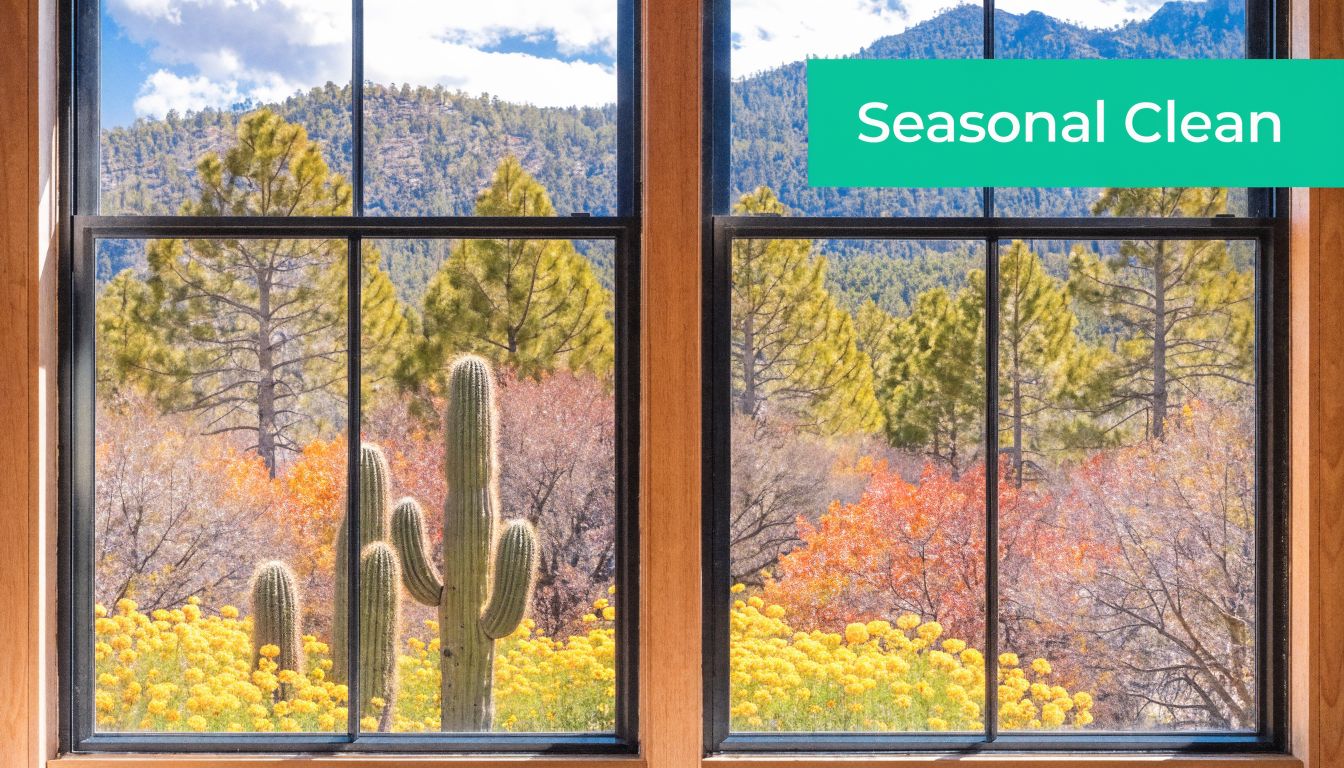 A scenic view of a desert landscape with cacti and autumn trees seen through a clean window.