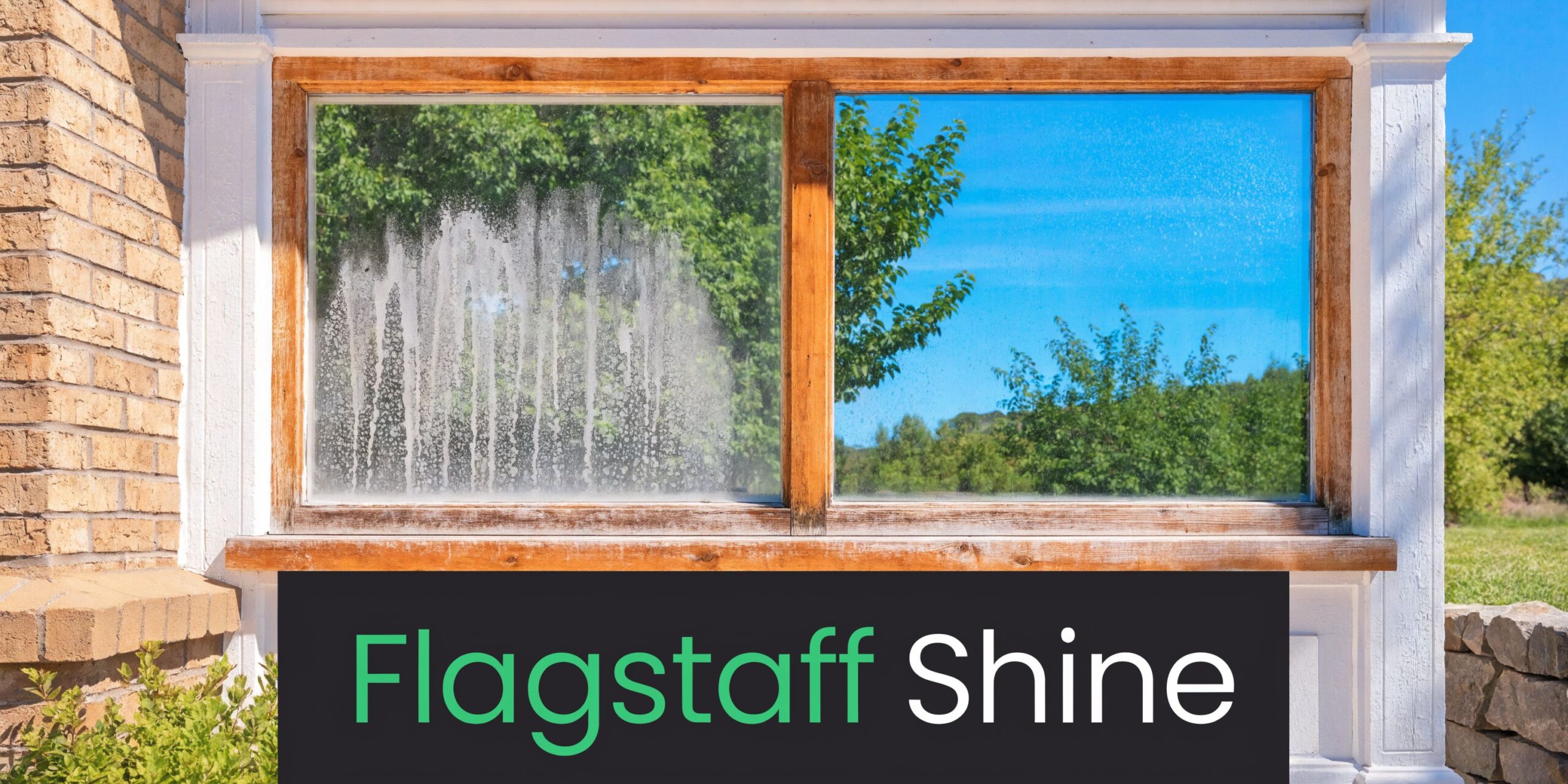 A split screen view showing a dirty window pane on the left and a clean, clear window on the right.