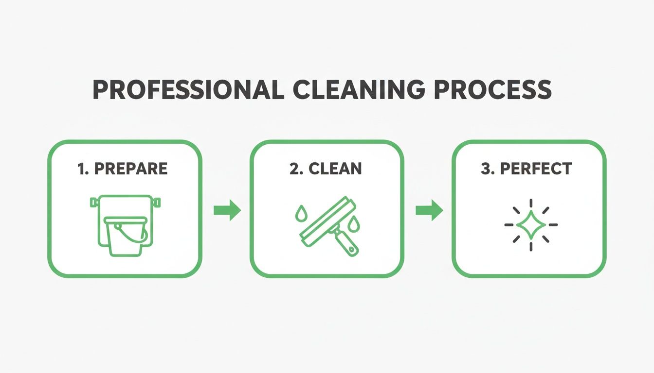 Infographic outlining a professional window washing and cleaning process in three clear steps: prepare, clean, perfect.