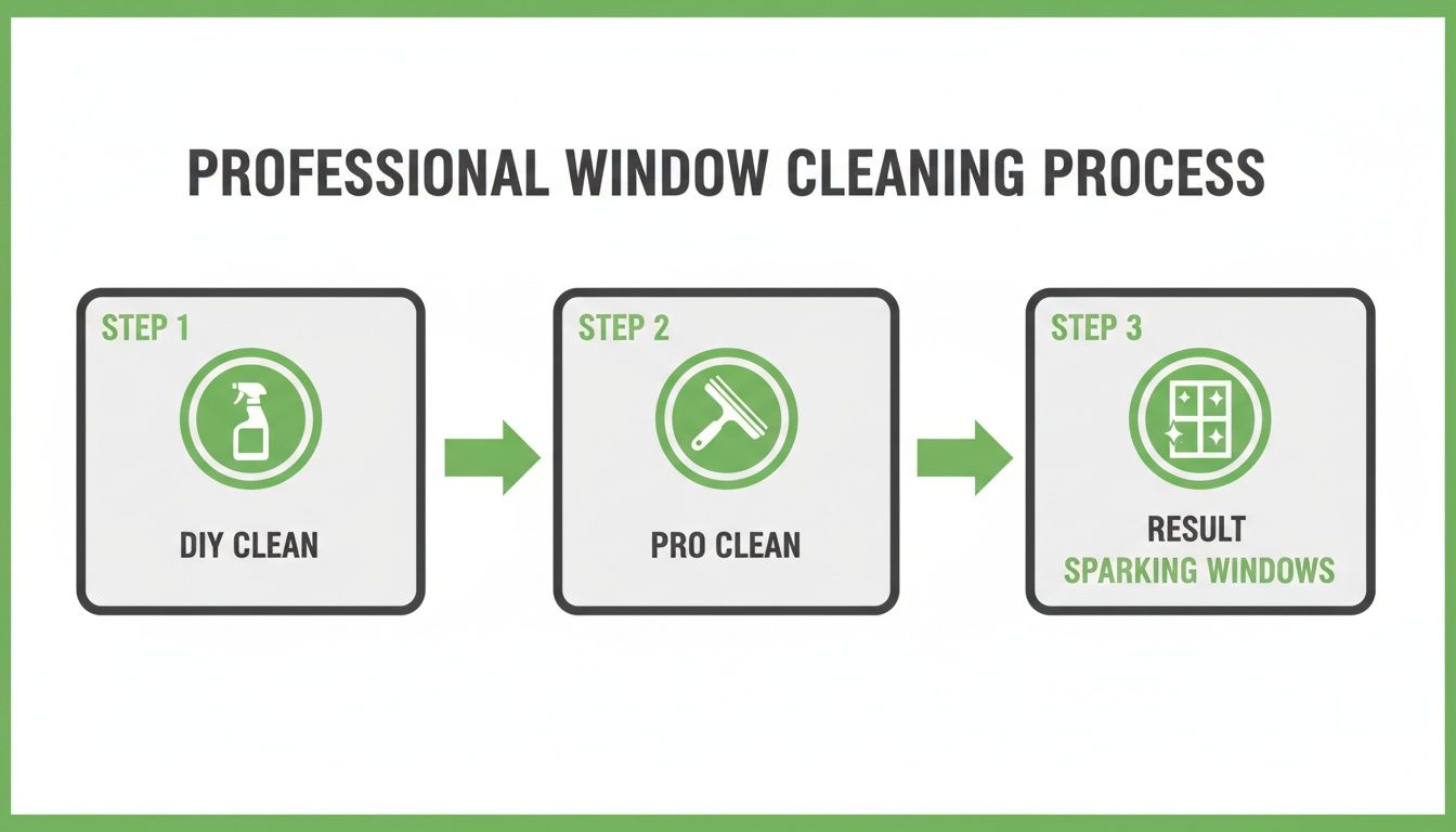 A three-step diagram illustrates the professional window cleaning process, from DIY to sparkling windows.