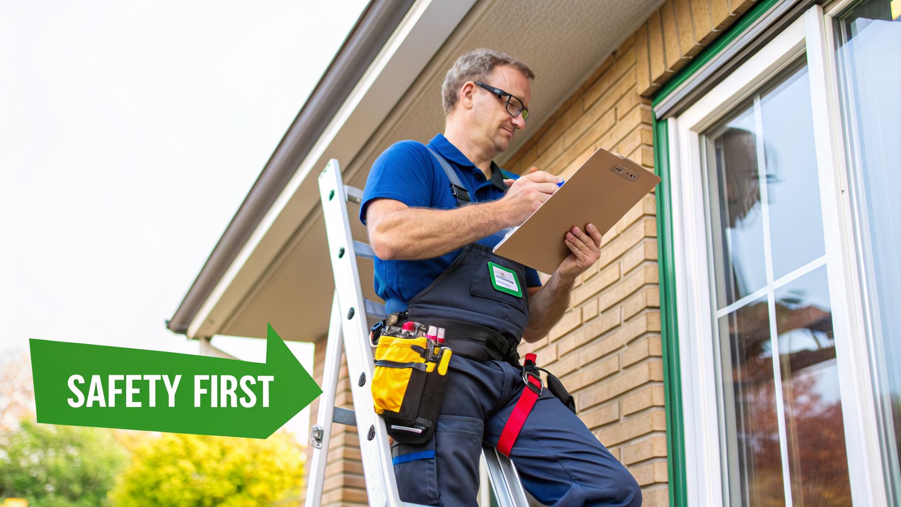 A man on a ladder writing on a clipboard, inspecting a house window, with a 'Safety First' sign.