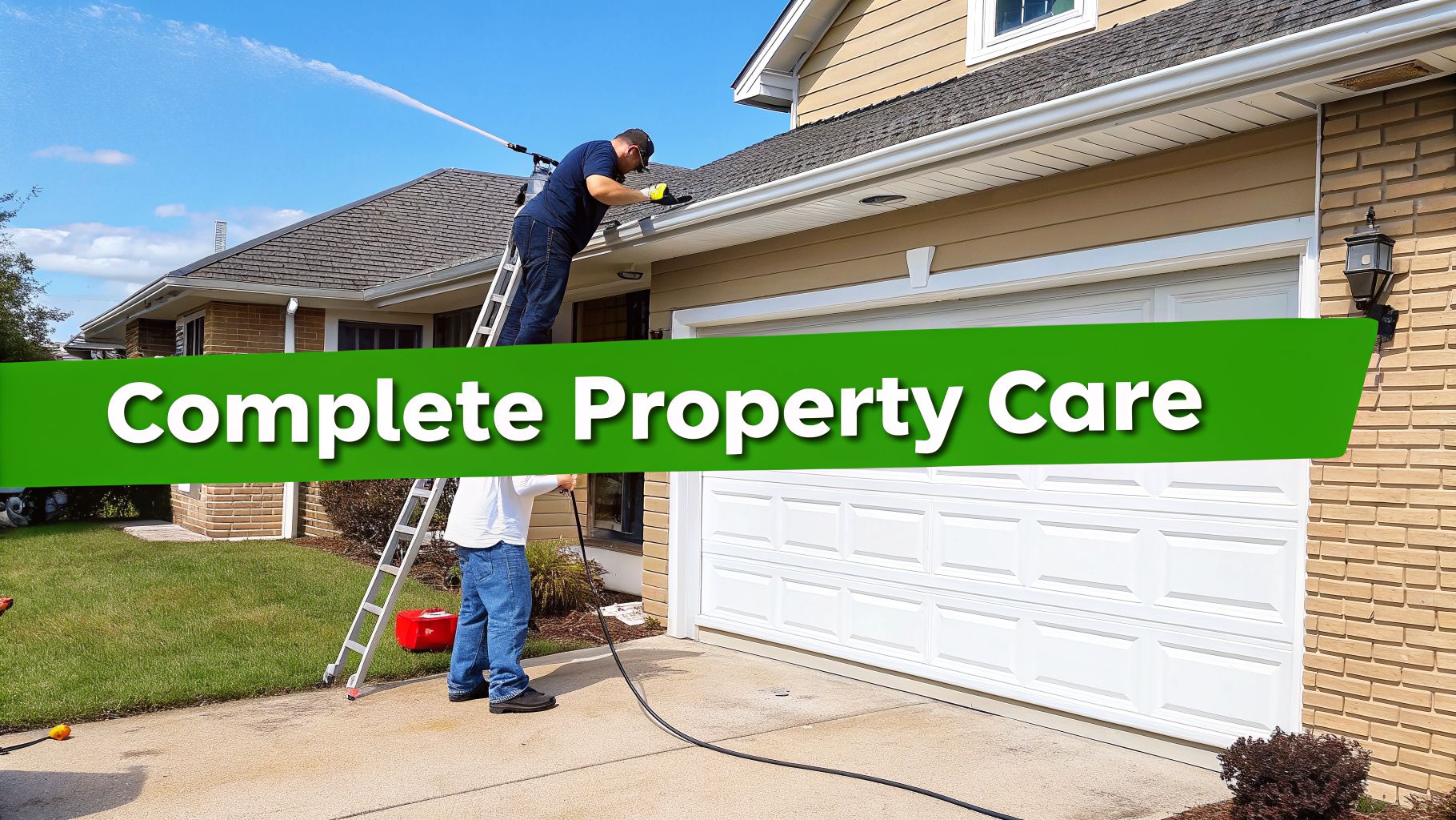 Professional gutter cleaning service with two workers maintaining a house exterior.