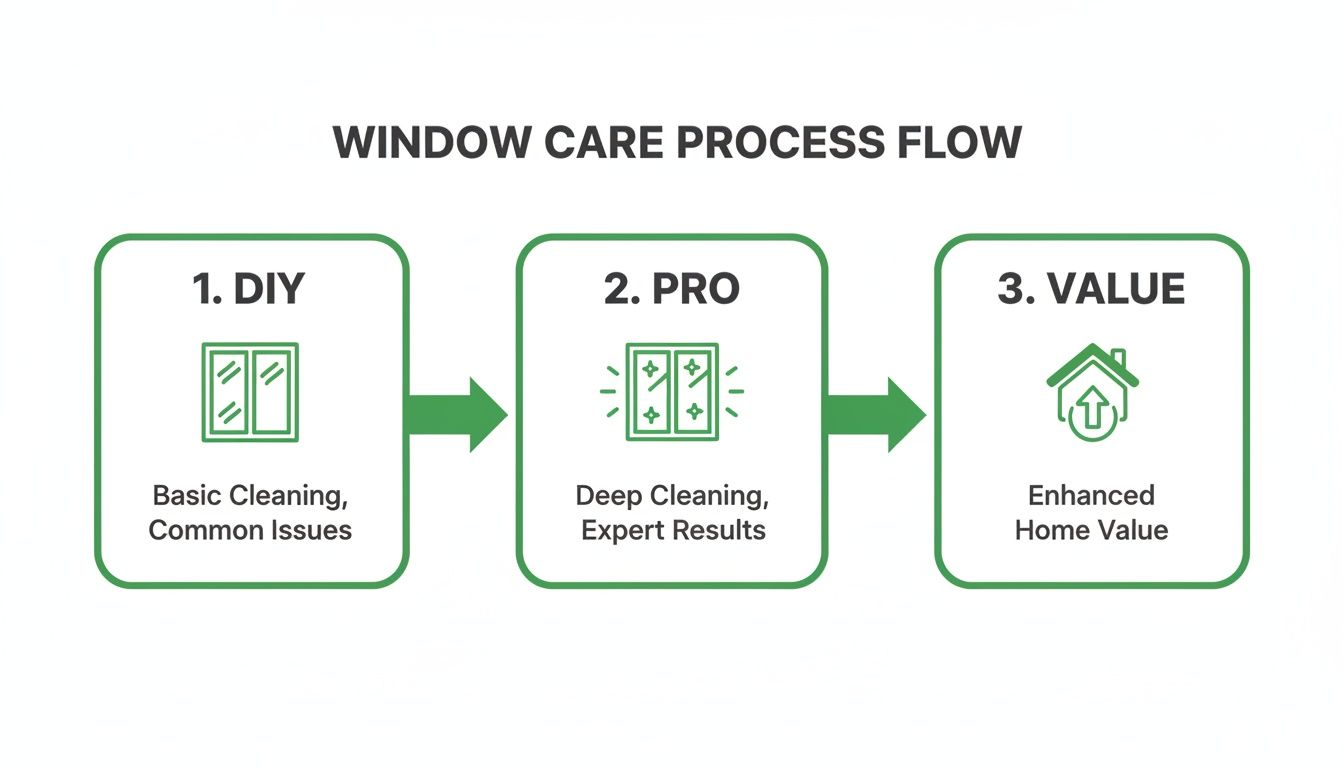 Flowchart showing a three-step window care process: DIY, professional, leading to enhanced home value.
