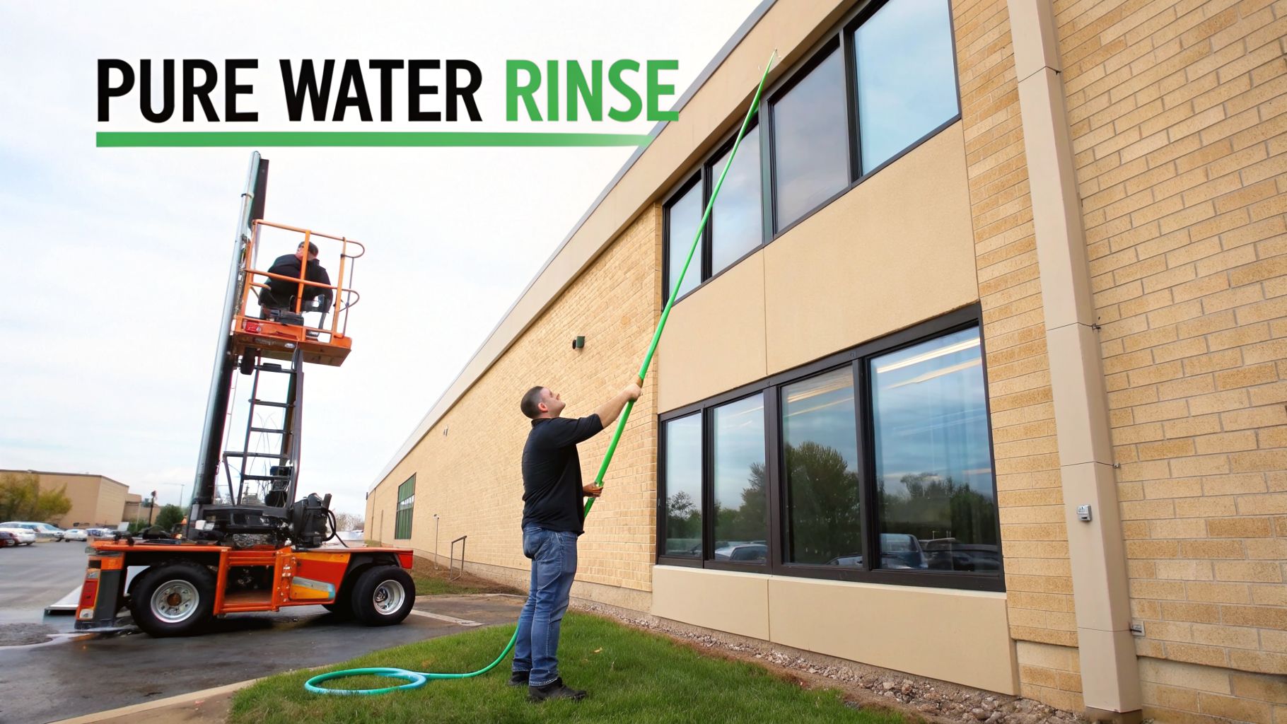 Professional window cleaners using pure water rinse equipment on a commercial building.