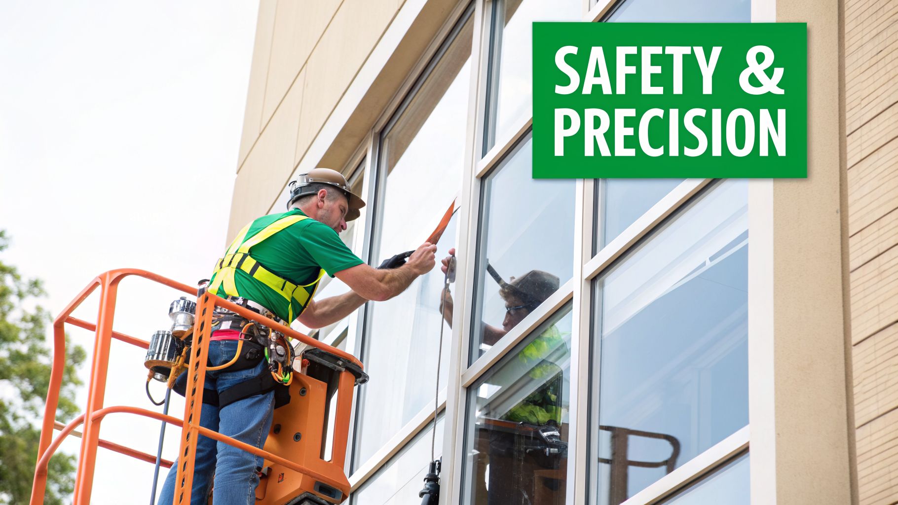 Man in safety gear cleaning large windows from an orange scissor lift.