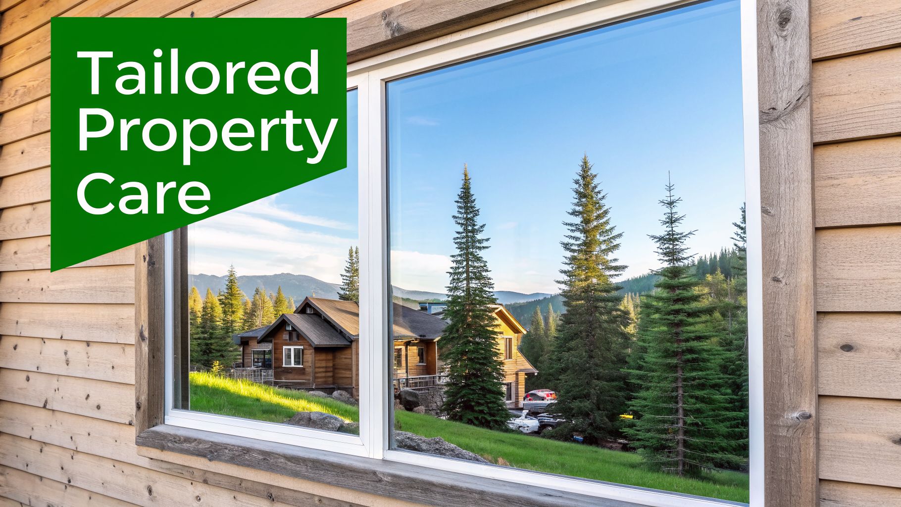 A wooden house with a window reflecting a scenic mountain landscape, pine trees, and other houses, featuring a 'Tailored Property Care' text overlay.