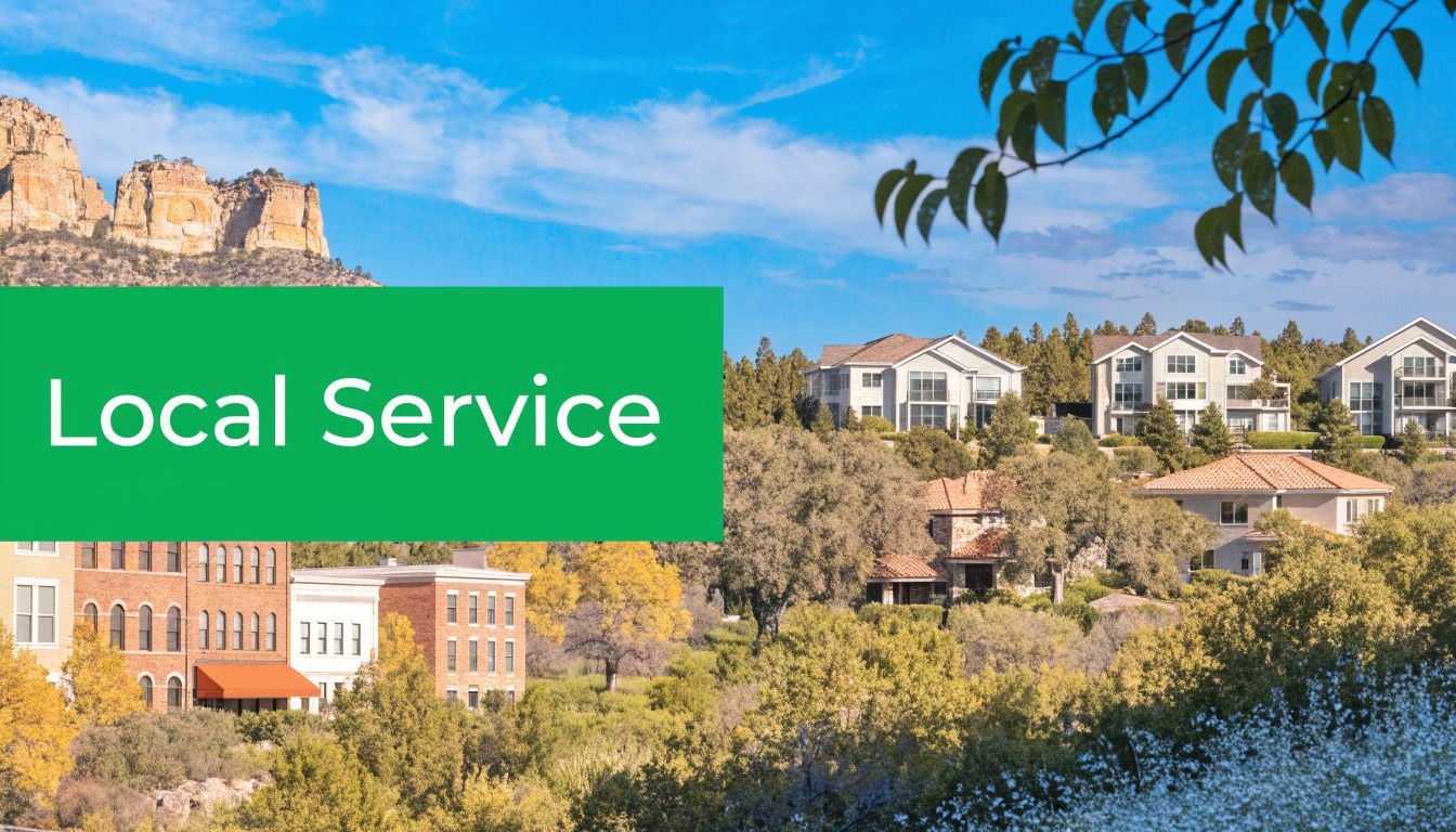 A scenic view of a residential area in Flagstaff, Arizona, featuring homes, buildings, and rocky hills.