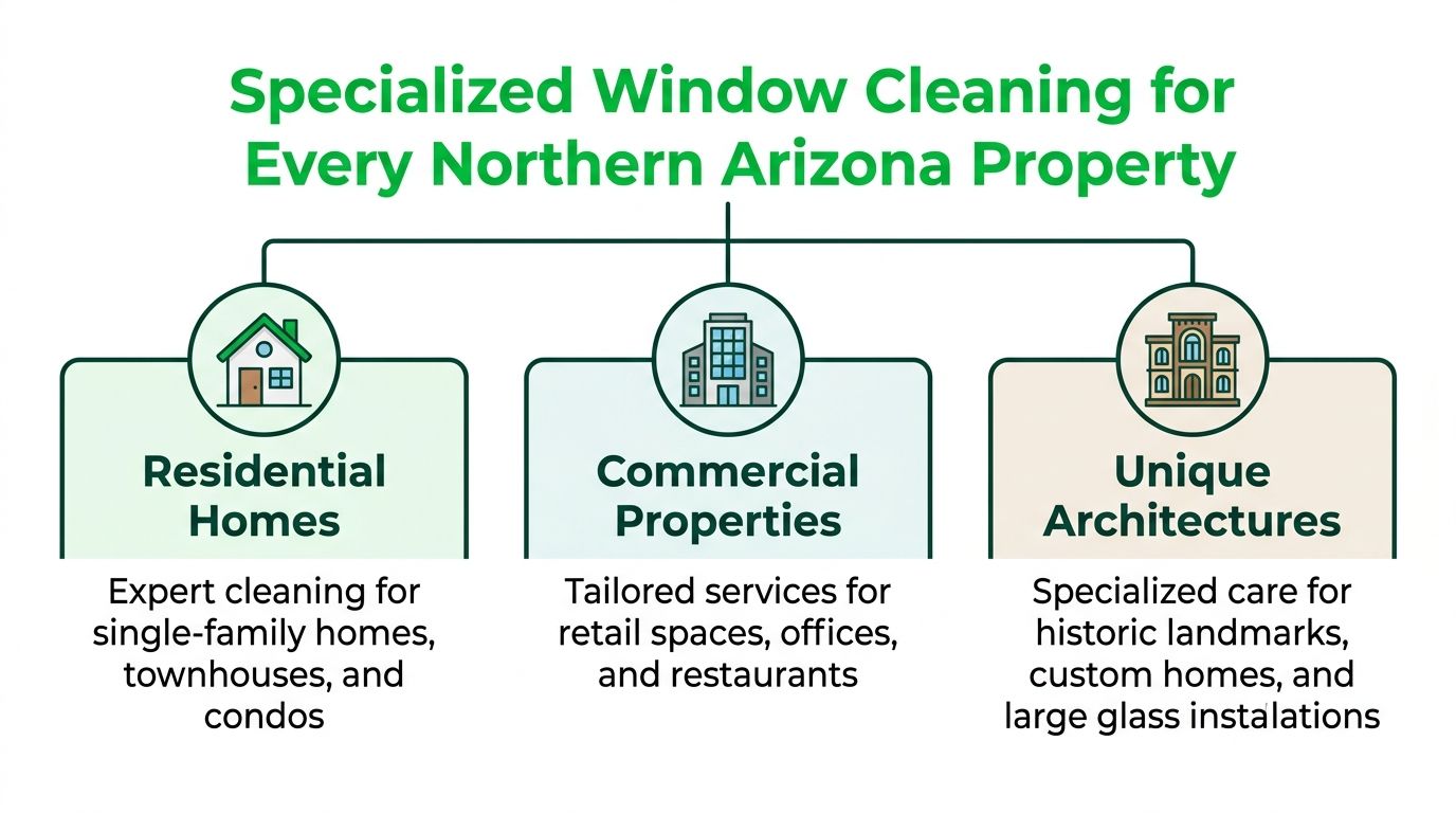 A diagram illustrating specialized window cleaning services for residential, commercial, and unique architectural properties in Northern Arizona.