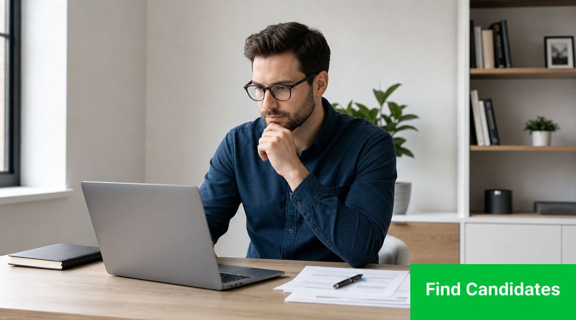 A professional man with glasses sitting at his desk working on his laptop while reviewing documents.