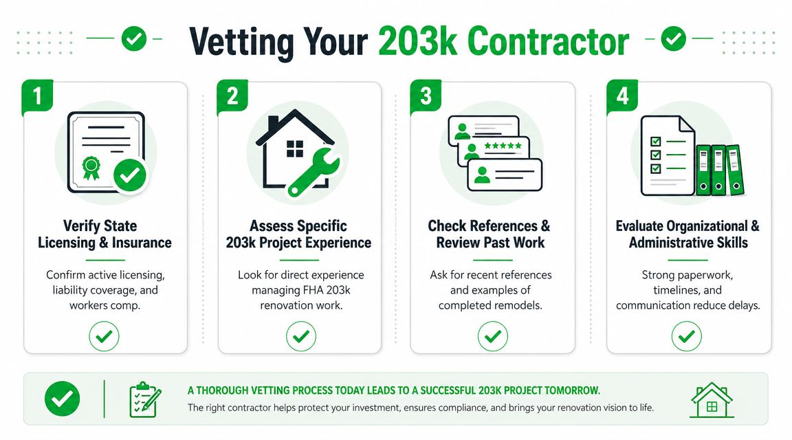 An infographic outlining four essential steps for vetting and hiring a professional 203k renovation contractor.