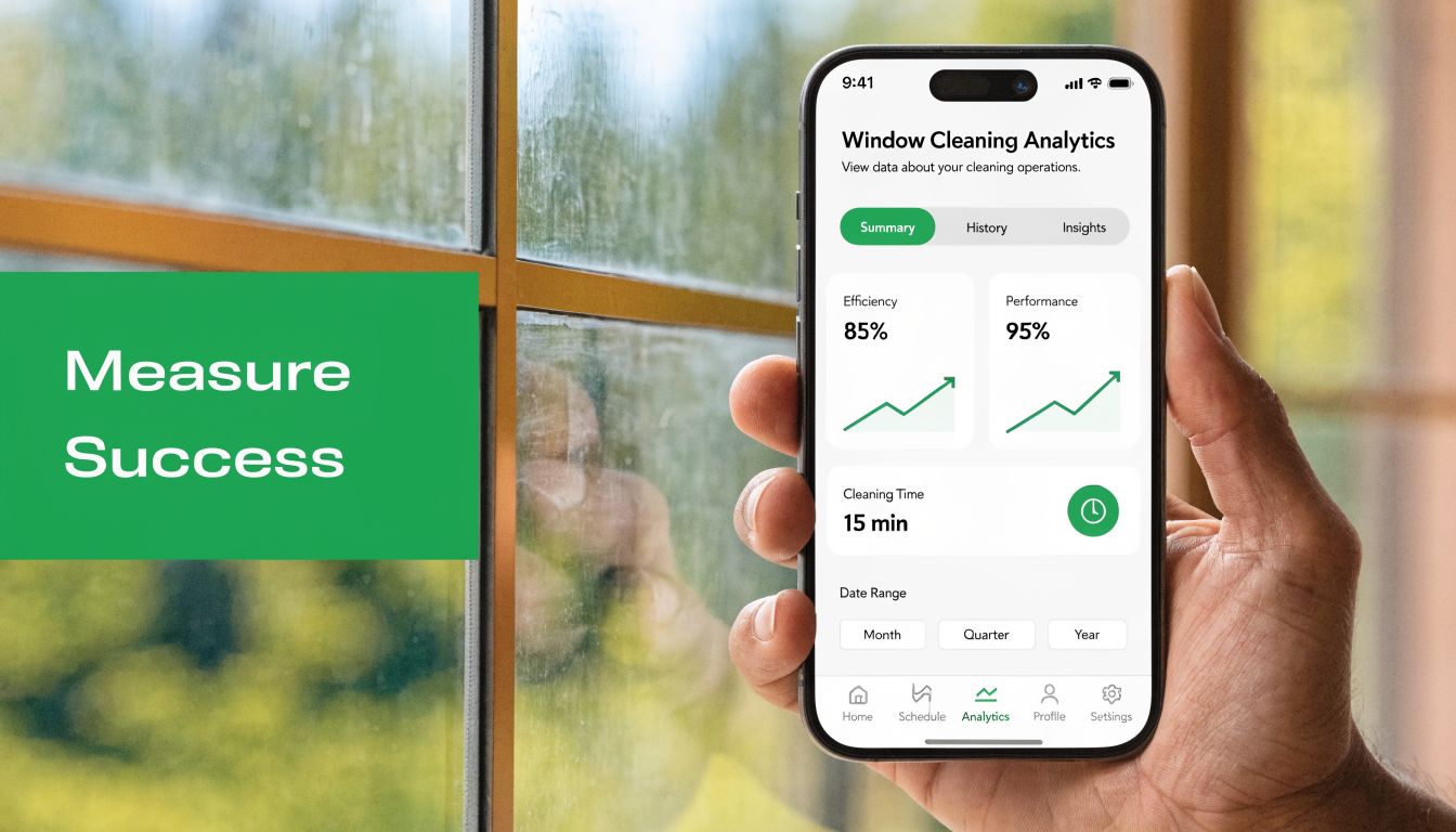 A hand holding a smartphone displaying a window cleaning analytics dashboard app interface on a sunny day.
