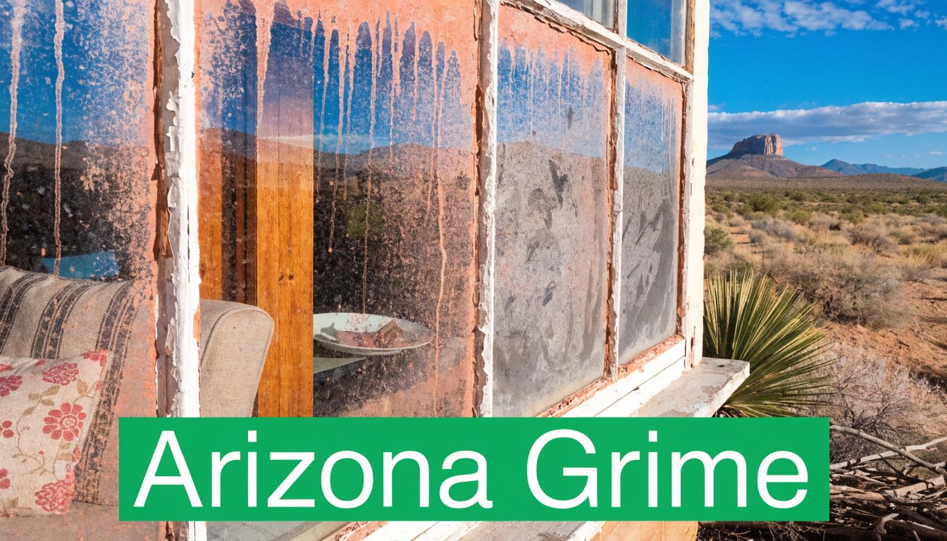 A dirty, dust-covered window pane of an old desert cabin overlooking a vast Arizona landscape.