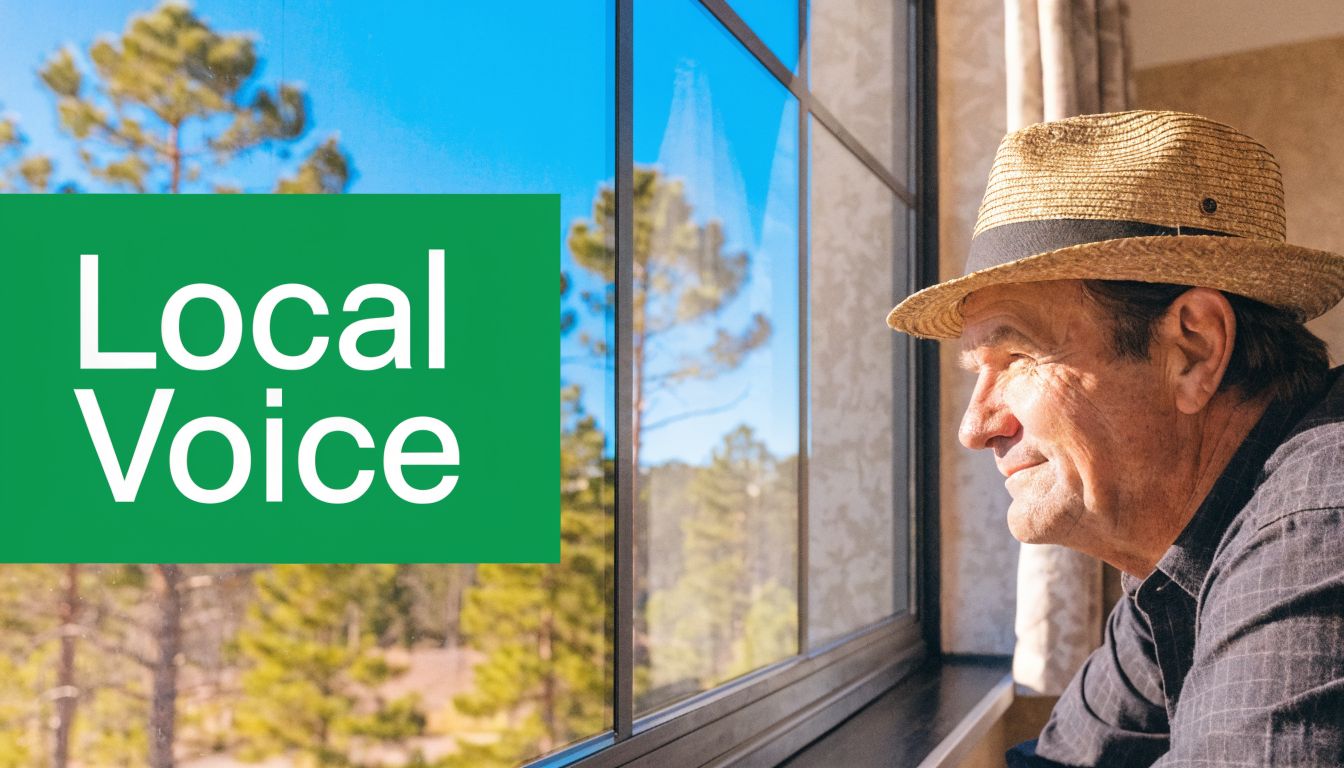 An elderly man in a hat looks through a clean window at a forest landscape outside.