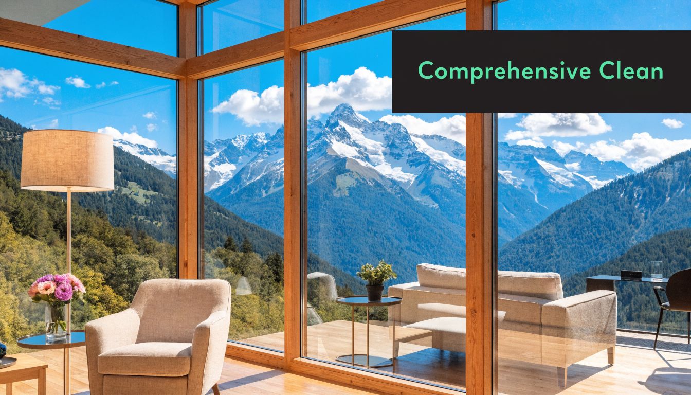 A luxurious room with floor-to-ceiling windows looking out onto a breathtaking snow-capped mountain range landscape.