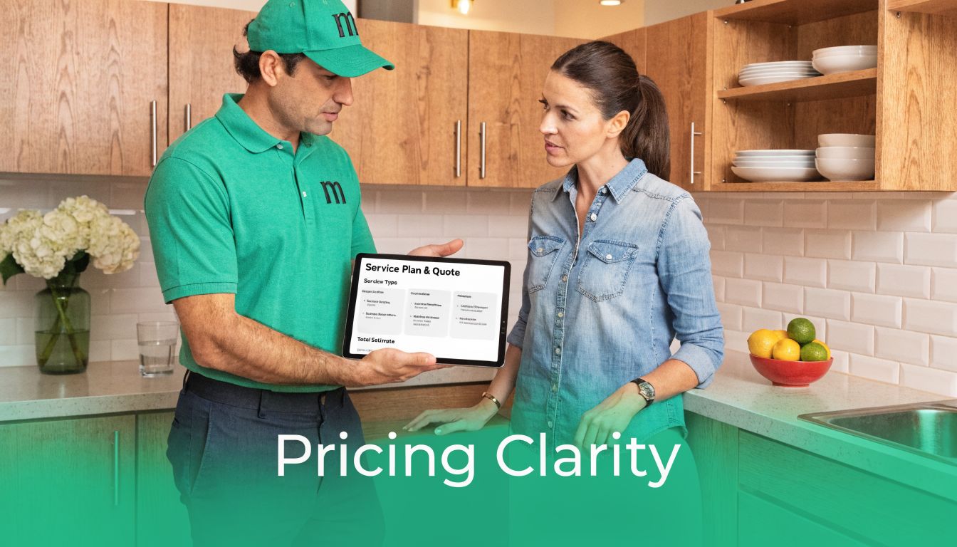 A professional cleaner explains a service plan and quote on a tablet to a female homeowner.