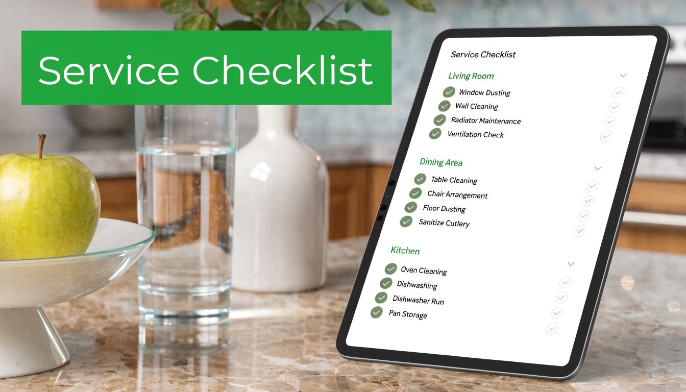 A digital tablet displaying a detailed residential service cleaning checklist on a marble kitchen countertop.
