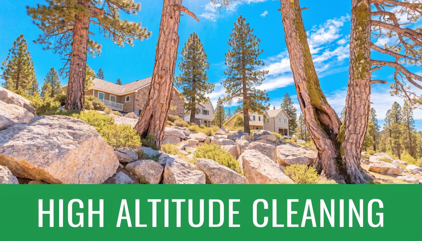 A scenic mountain landscape featuring houses nestled among large rocks and tall pine trees.