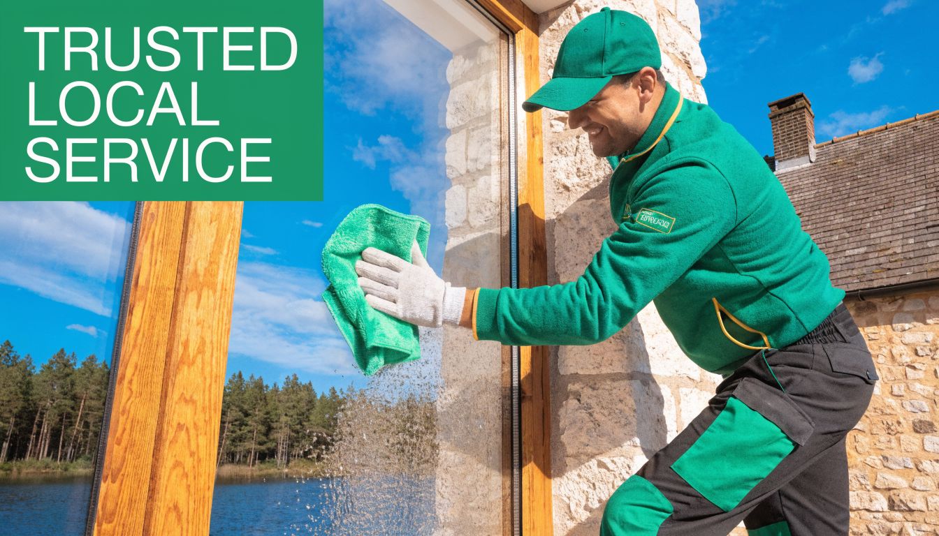 A professional window cleaner wearing a green uniform cleans a large glass window of a house.