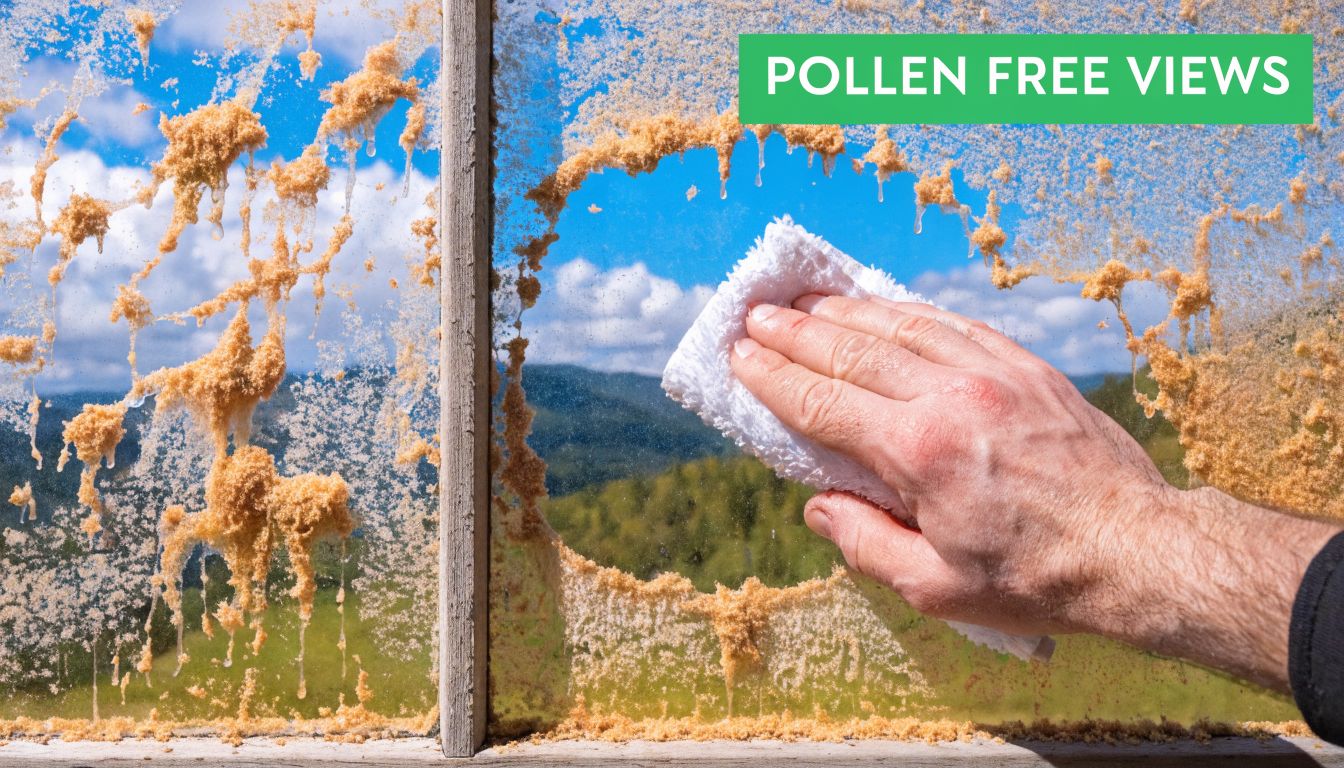 A hand wipes pollen off a glass window pane to reveal a clear mountain landscape view.