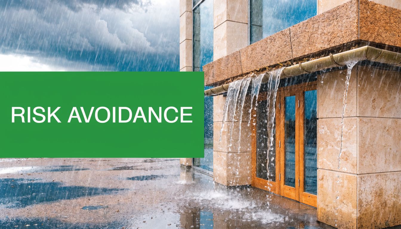 Rainwater overflowing from a blocked commercial building gutter, highlighting the importance of regular property maintenance.