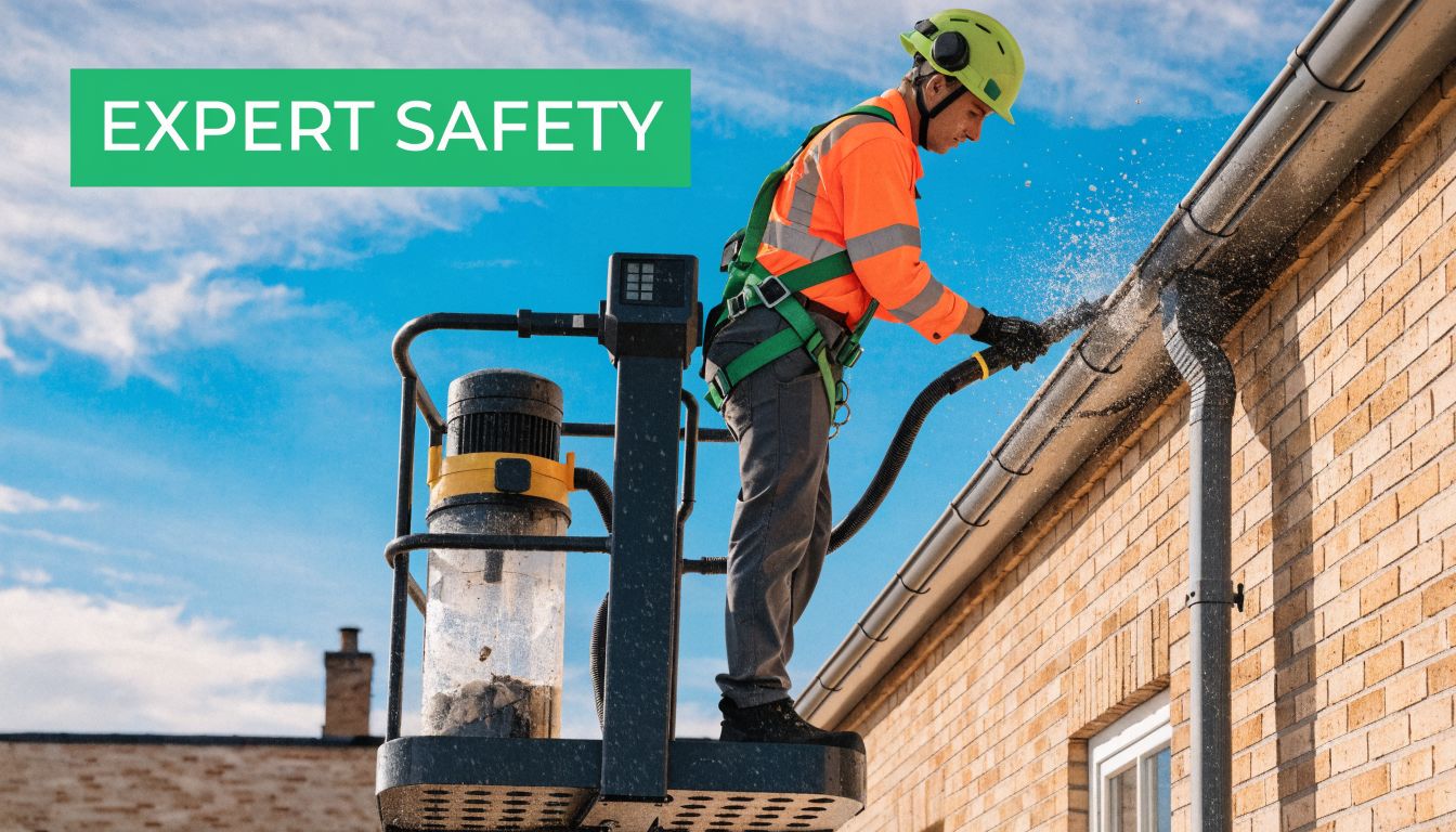 A professional wearing safety gear cleans residential gutters using a vacuum from a mobile elevated platform.