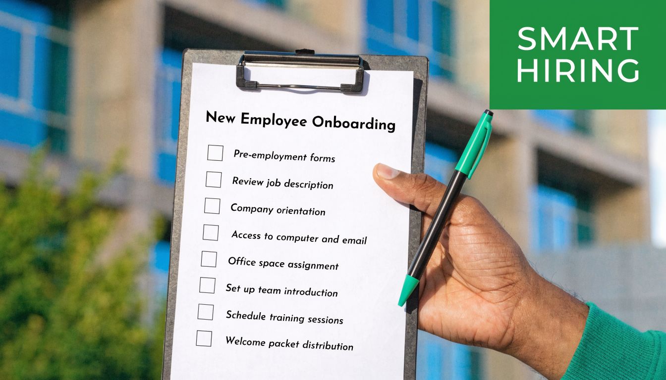 A hand holding a clipboard with a new employee onboarding checklist against an office background.