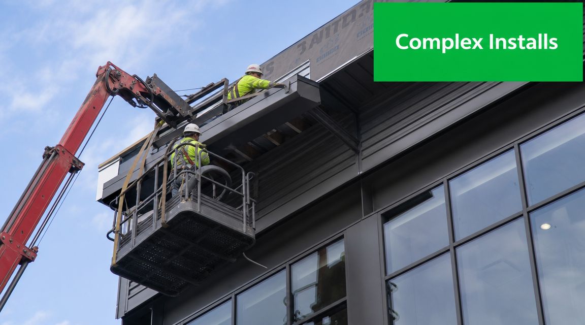 Two construction workers in a hydraulic lift installing metal gutters on a modern commercial building exterior.